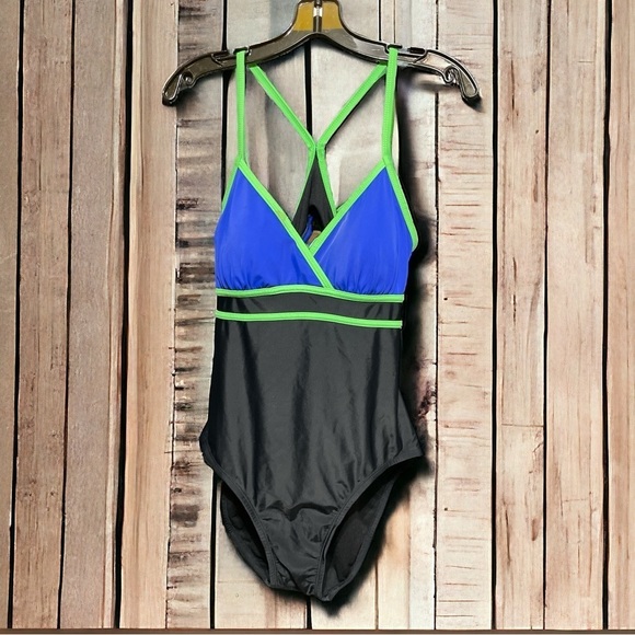 Catalina One Piece Black Blue Racerback Colorblock Swimsuit size L ( 12-14 ) - Picture 1 of 7